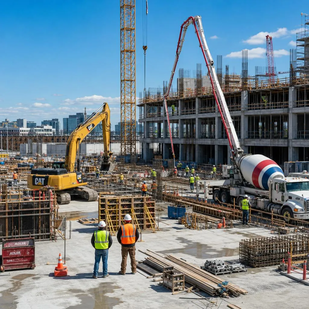 Specialty construction crew pouring a concrete foundation on a commercial site