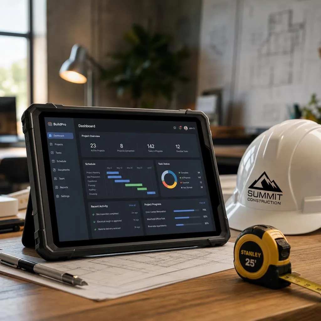Contractor reviewing a job pipeline on a tablet at a residential jobsite