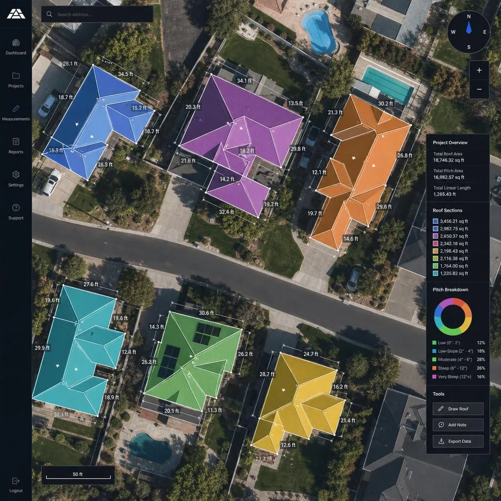 Aerial roof measurement diagram beside a residential home with a complex roofline