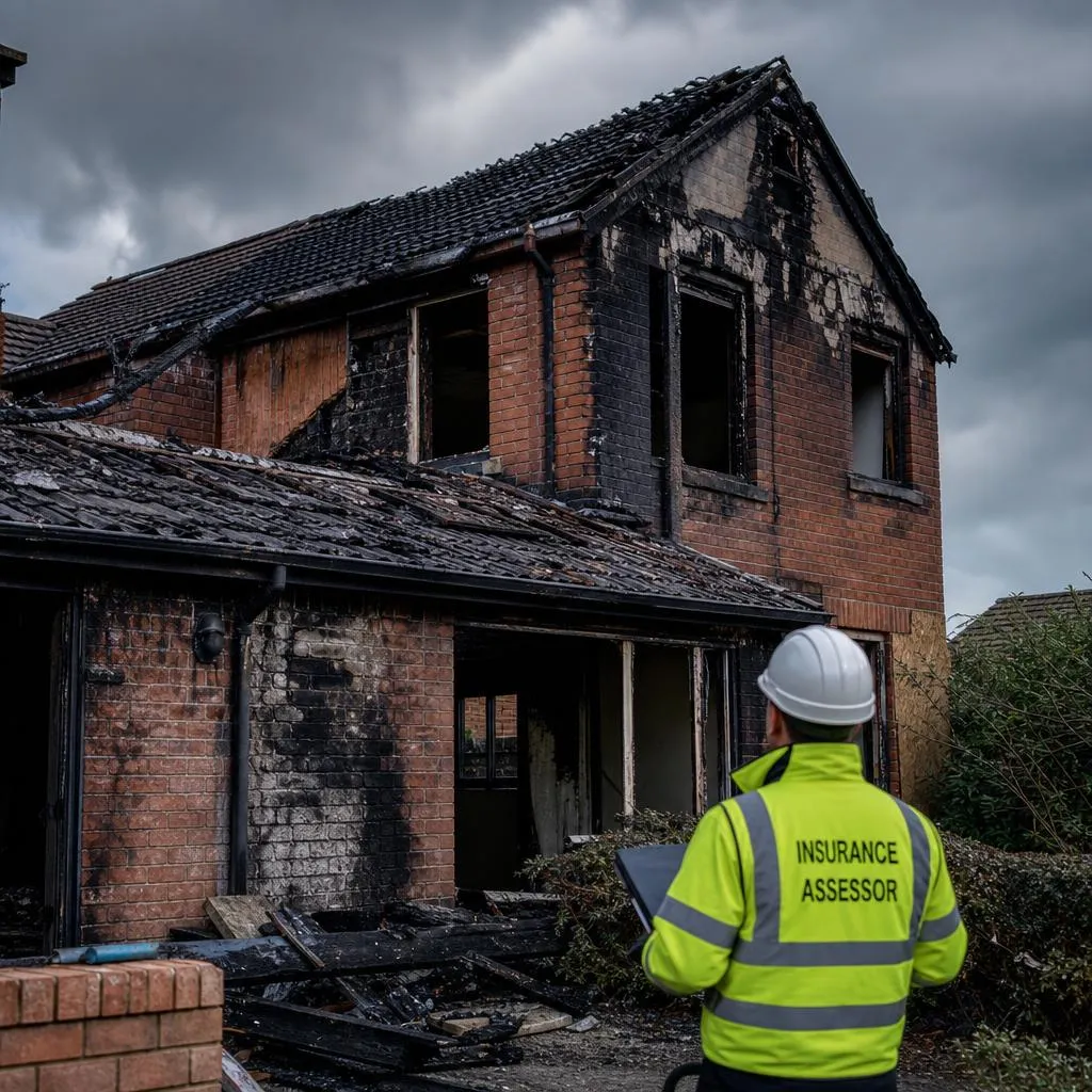 Fire-damaged interior with charred framing being assessed by a restoration contractor