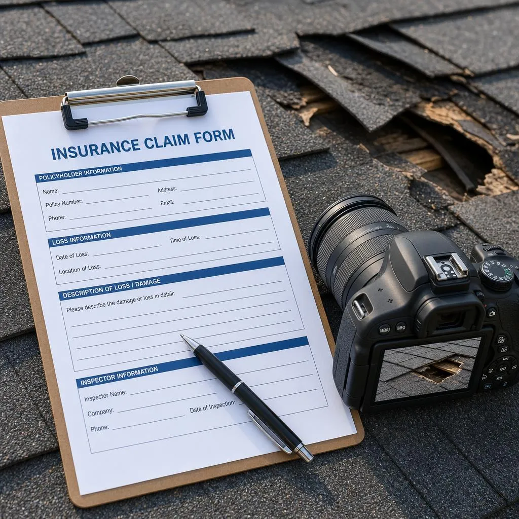 Close-up of hail-damaged asphalt shingles marked with chalk during a roof inspection
