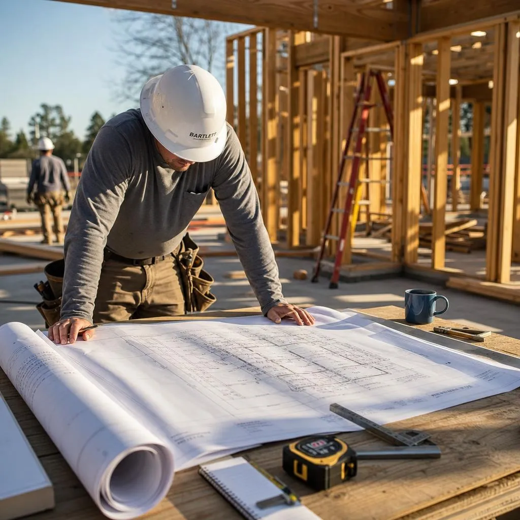 General contractor reviewing plans with a subcontractor on a framed residential jobsite