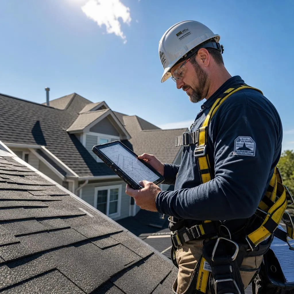 Roofing crew replacing a storm-damaged roof under clearing skies